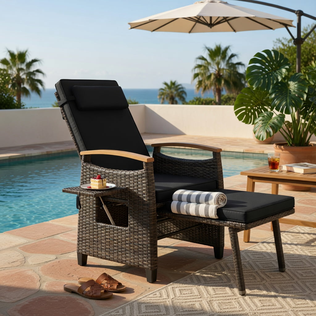 Hommoo Adjustable Outdoor Wicker Recliner Chair with Footrest & Removable Cushions, PE Rattan, Acacia Wood Frame, Black