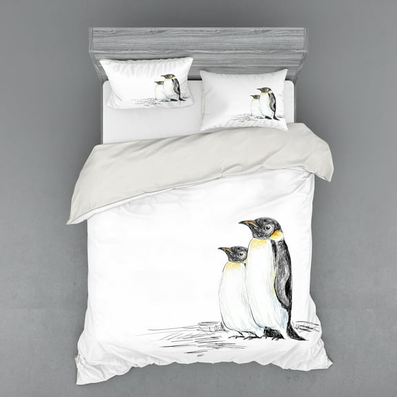 Ambesonne Animal Bedding Set 4 Pcs, Hand Drawn Penguins Art, Queen, Black White