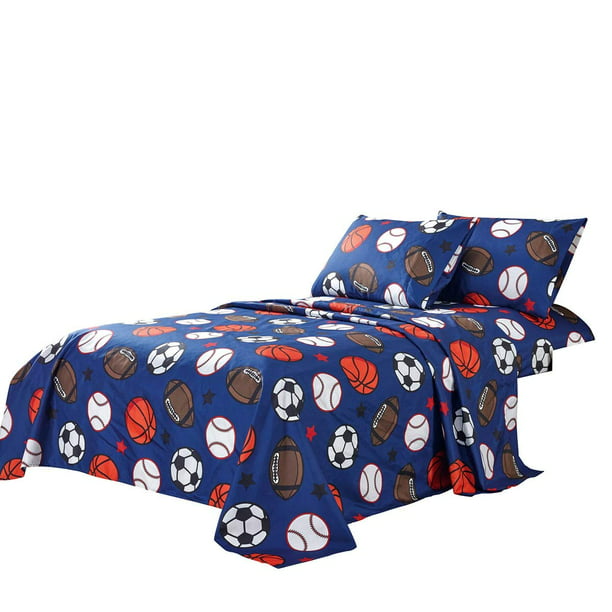 3 Piece Blue Twin Size Sheet Set, Baseball Bedding For Twin Bedroom