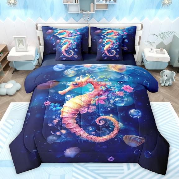 Homewish Dreamy Seahorse Animal Twin Bedding Sets 7-Piece for Kid, Navy Seashell Starfish Bedding Comforter Set, Flower Floral Reversible Sheet Sets, Super Cozy Room Decor