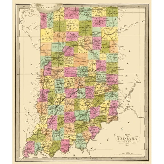 Historic State Map - Indiana - 1841 - 23 x 27.06 - Vintage Wall Art