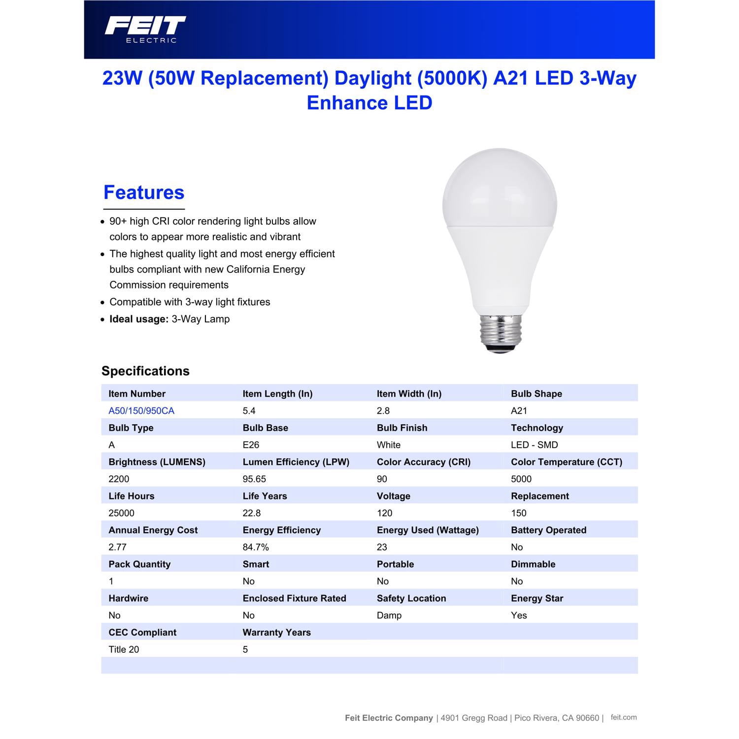 Feit Enhance A21 E26 (Medium) LED Bulb Daylight 50/100/150 Watt Equivalence 1 pk
