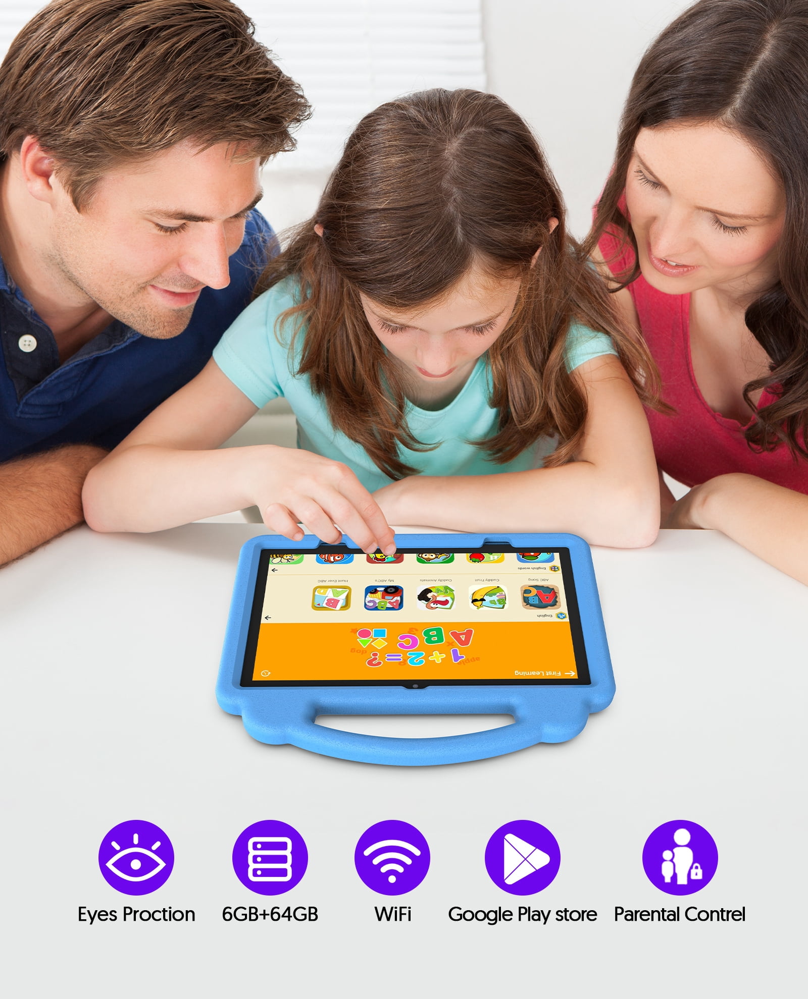 PUTECCH Kids 10 Tablet, Android 14 Tablet for Kids, Parental Control Pre-Installed Education Apps, 6GB RAM 64GB Storage, 6000mAh, WiFi 6, EVA Shockproof Case - Blue