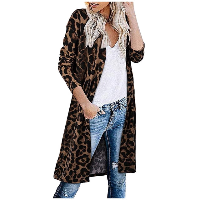 Abrigo de suéter ligero de manga larga con bolsillos de cárdigan de leopardo con parte delantera abierta para mujer Pompotops qwe18931