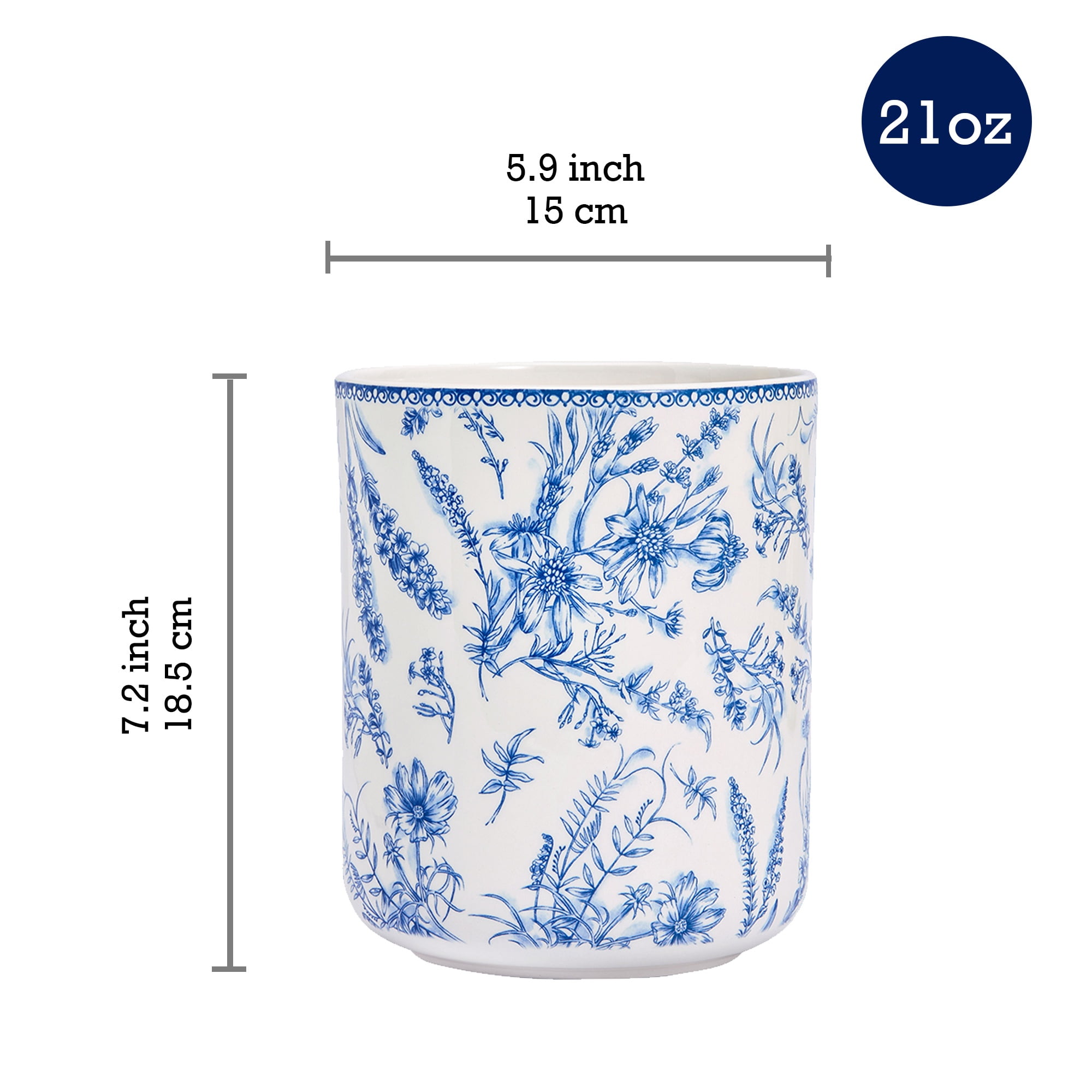 Bico Blue Garden Toile De Jouy Ceramic Utensil Holder Set of 2, Ceramic Kitchen Utensil Crocks for Countertop, Large Cooking Tool Holder Counter Decor, Spatula Organizer
