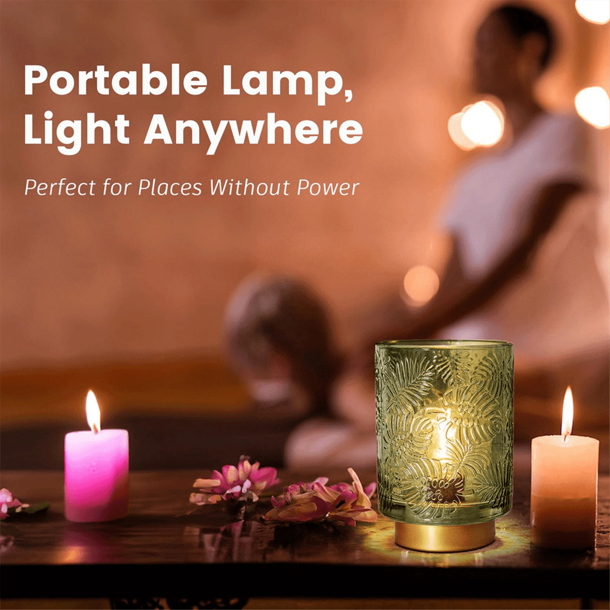 Small Battery Operated Lamp - Portable Cordless for Home Decor, Glass Table with Decor Aesthetic Jade Green