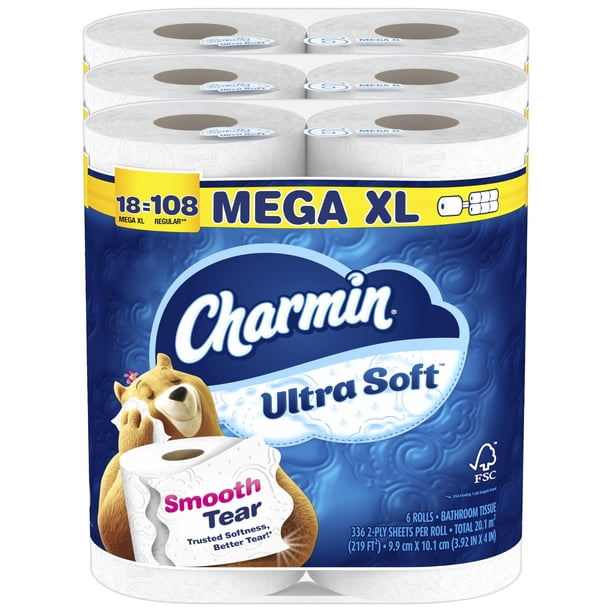 Charmin - Ultra Soft Papel Higiénico, 6 Mega Rollos, 208 Hojas por Rollo, 1 Mega Equivalente a 4 Regulares, Ultra Suave, 2X Más Absorbente, Smooth Tear, No Atascable