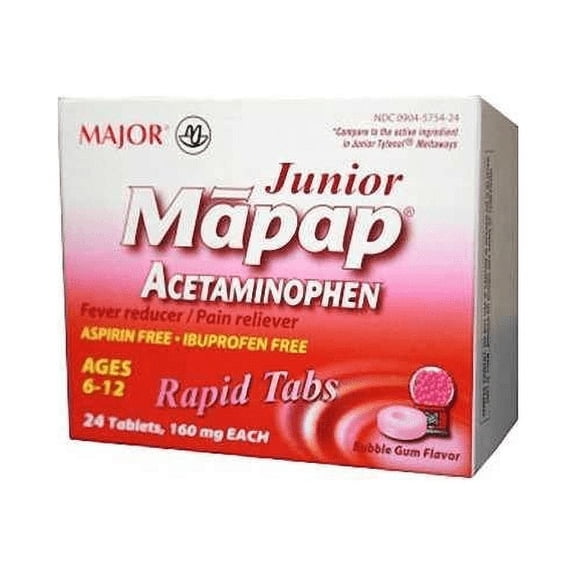 Major Mapap Junior Pain Reliever Rapid Tabs, Bubble Gum, 24 ct