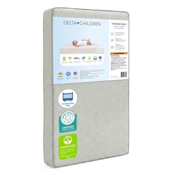 Delta Children Twinkle Stars 3-Inch Mini/Portable Crib Mattress - Premium Sustainably Sourced Fiber Core - Waterproof - GREENGUARD Gold Certified (Non-Toxic) - Trusted 10 Year Warranty - Made in USA