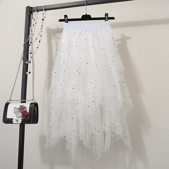 Women's Tulle Skirts High Low Layered Puffy Fairy Skirts Midi Length Irregular Tutu Skirt Sequin white M