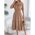 thumbnail image 5 of EASYBRA Women Off Shoulder Pleated Waist A Line Maxi Dress Short Sleeve Summer Casual Elegant Dress, 5 of 7