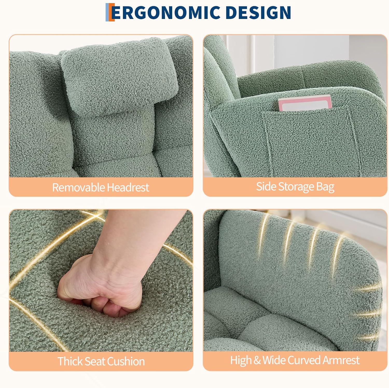 Rocking Chair Nursery Teddy Upholstered Baby Fluffy Glider Rocker for Adults Small Spaces Indoor Nursing Chair for Living Room Bedroom Classroom Beige Comfortable Durable Stylish-Green