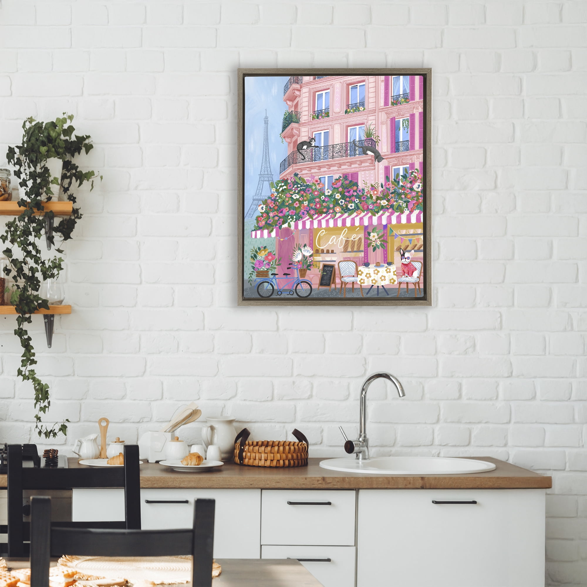 Stupell Industries Cats on Cafe Balcony Brown Framed Floater Canvas Wall Art, design by Arrolynn Weiderhold
