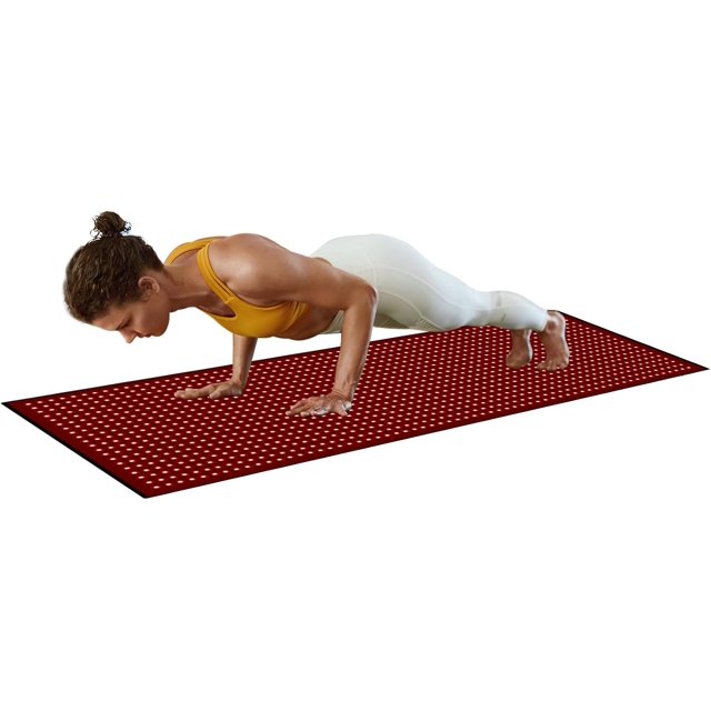 Near Infrared Light Therapy Mat for Full Body with 2560pcs 850nm and 1280pcs 660nm LED lights, ideal for back, shoulder, and joint pain relief. The mat is shown in use during a workout, emphasizing its versatility for relaxation, skin care, and muscle recovery. Suitable for LED therapy and infrared therapy applications.