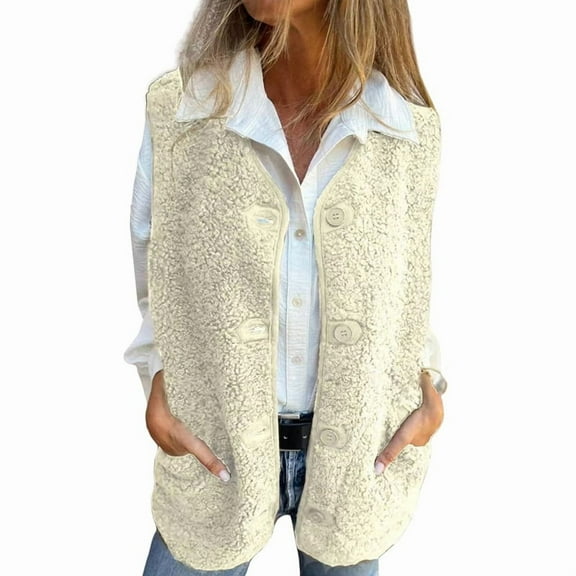 Women V-Neck Fleece Outerwear Vests Plush Button Down Jacket Tops Sleeveless Gilet Coats with Pockets Cream White S