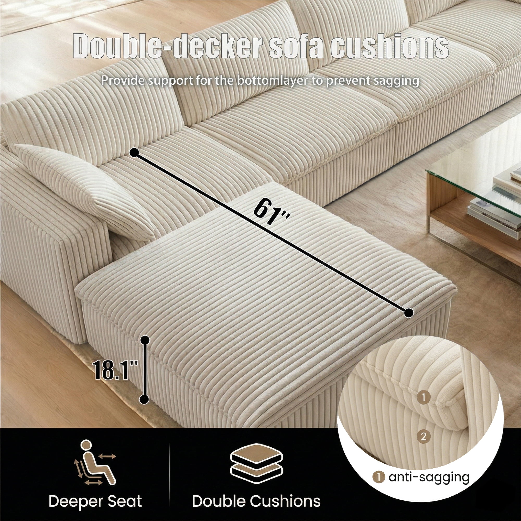 Eyisean 78.8" Corduroy Cloud Loveseat Couch with Ottoman, 2 Seater Comfy Boneless Couch with Throw Pillow, Removable Cushion, Lounge Sofa in a Box, Modular Sectional Sofa for Living Room, Bedroom