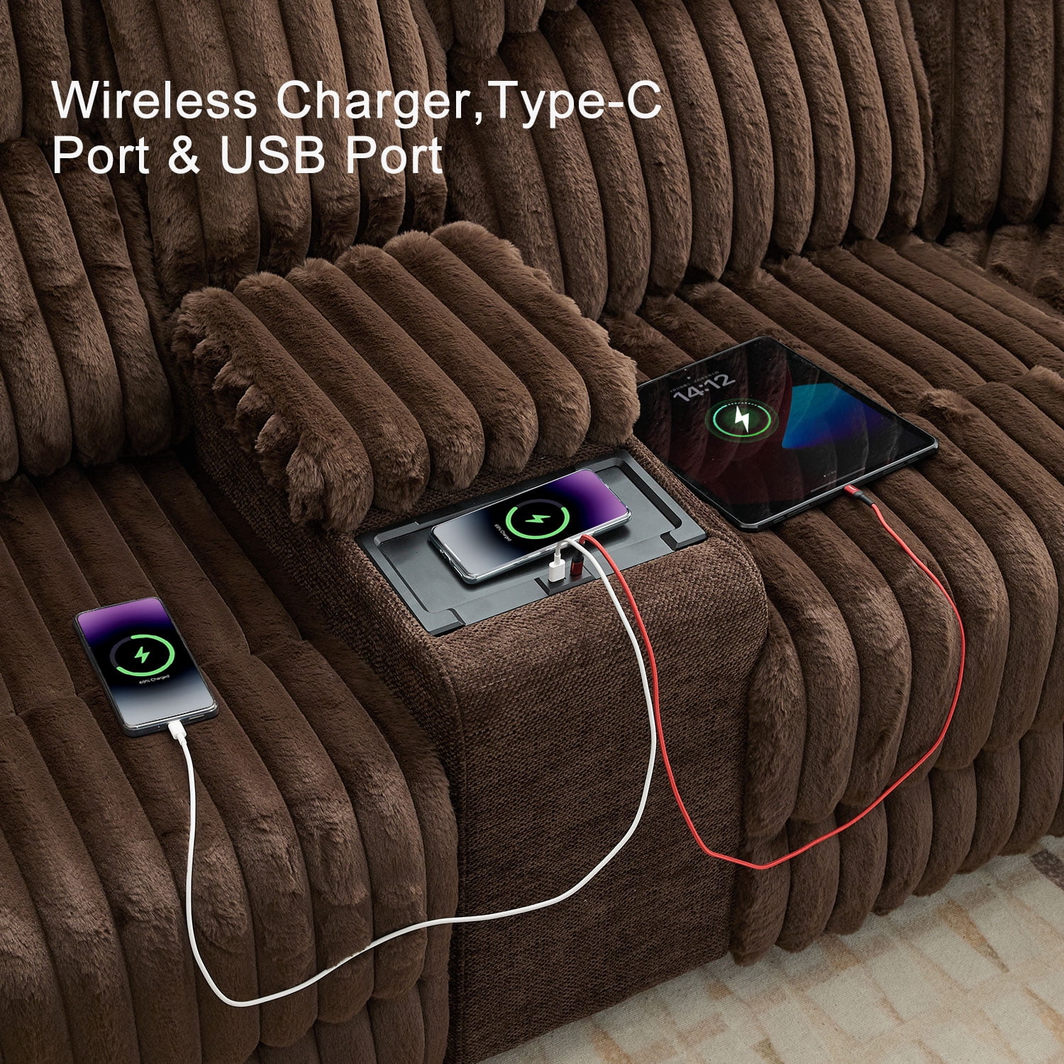 Comfort Stretch Power Recliner Sectional Faux Fur Sofa with Wireless Charging USB Type-C Ports Storage Console 2 Pillows Brown