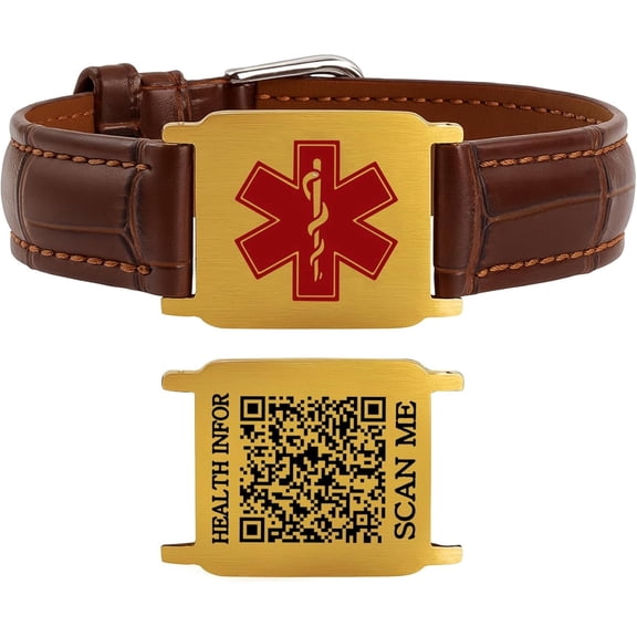 Uloveido Dynamic QR Code Medical Alert Bracelet for Men & Women, Genuine Leather Adjustable Medical ID Bracelet with Stainless Steel Plate, Scan to Update Emergency Info, No Engraving Required