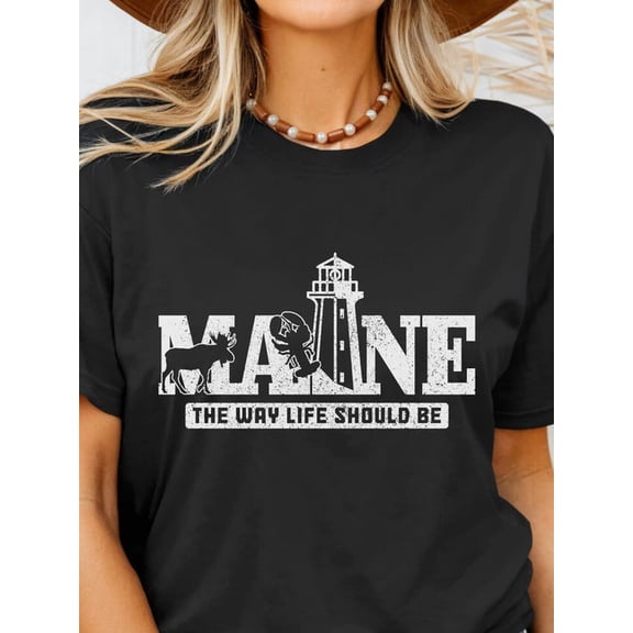 Iconic Maine The Way Life Should Be T-Shirt | Unique Moose Lighthouse Lobster Graphic | State Pride Souvenir Vacation Tee | Comfortable Unisex Adult Top