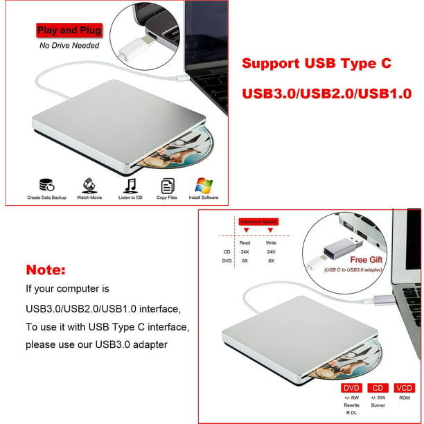 NOLYTH Lecteur DVD externe USB 3.0 de type C - Graveur de CD/DVD portable  pour ordinateur