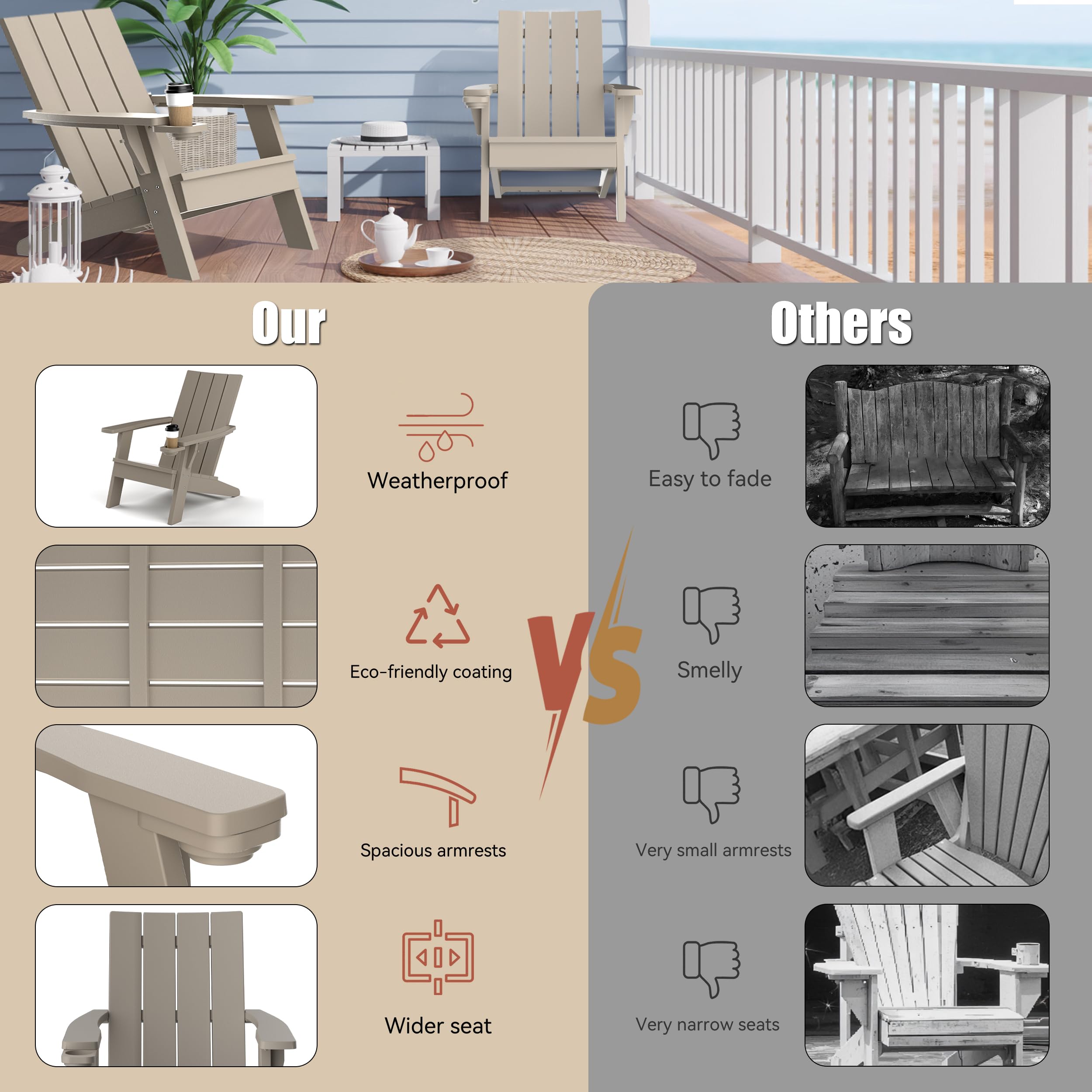 EasyUp All-Weather Resin Adirondack Chair with Wooden Texture and Cup Holder for Outdoor Deck, Backyard, Patio & Garden