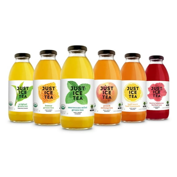 Just Ice Tea Organic Iced Tea, 16 Fl Oz Glass Bottles (6 Flavor Variety, Pack of 12)
