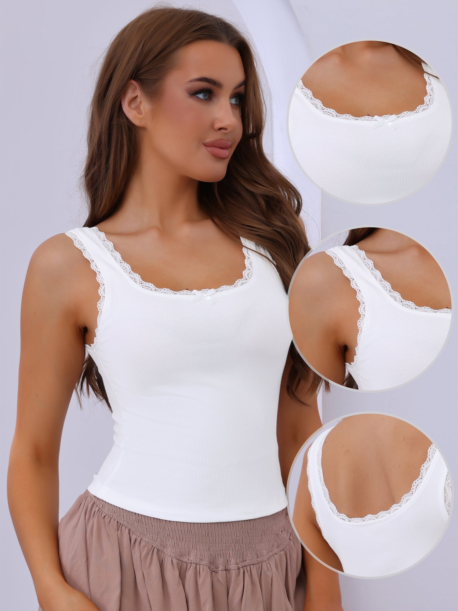 DARING DIVA Women's Ribbed Square Neck Slim-Fit Lace Trim Tank Tops S White