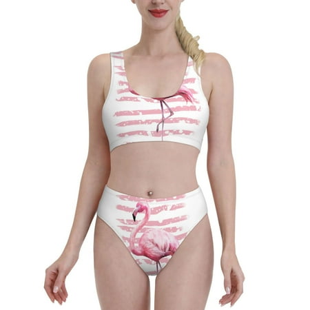 Bixox Flamingo Pattern Two-Piece Sports Bikini with U-Shaped Top and High-Waist Bottom - Women s Swimwear with Removable Bra Pads