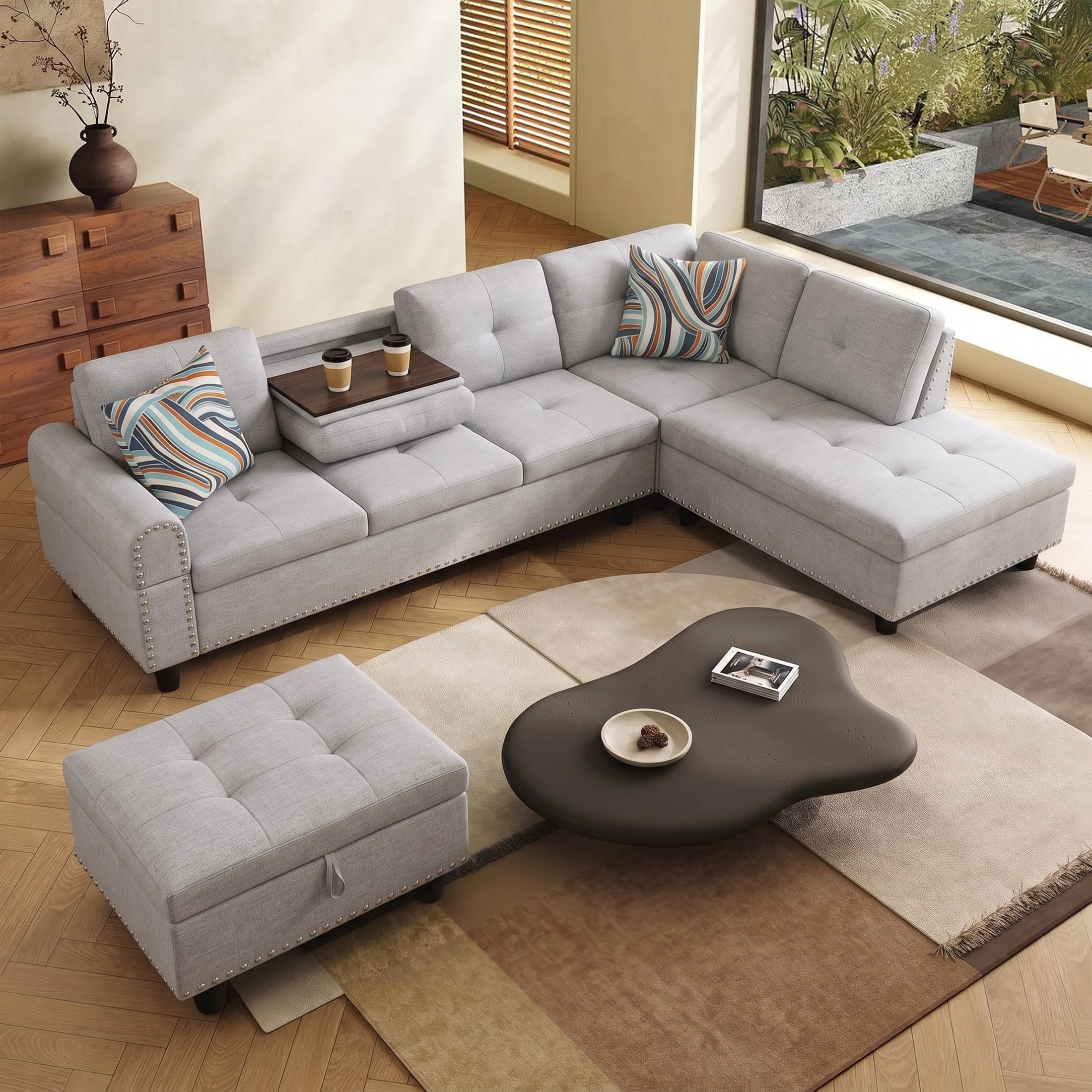 AENKYO 98" L-Shaped Sectional Sofa with Reversible Chaise, Storage Ottoman & Cup Holders, Flannel, Light Gray