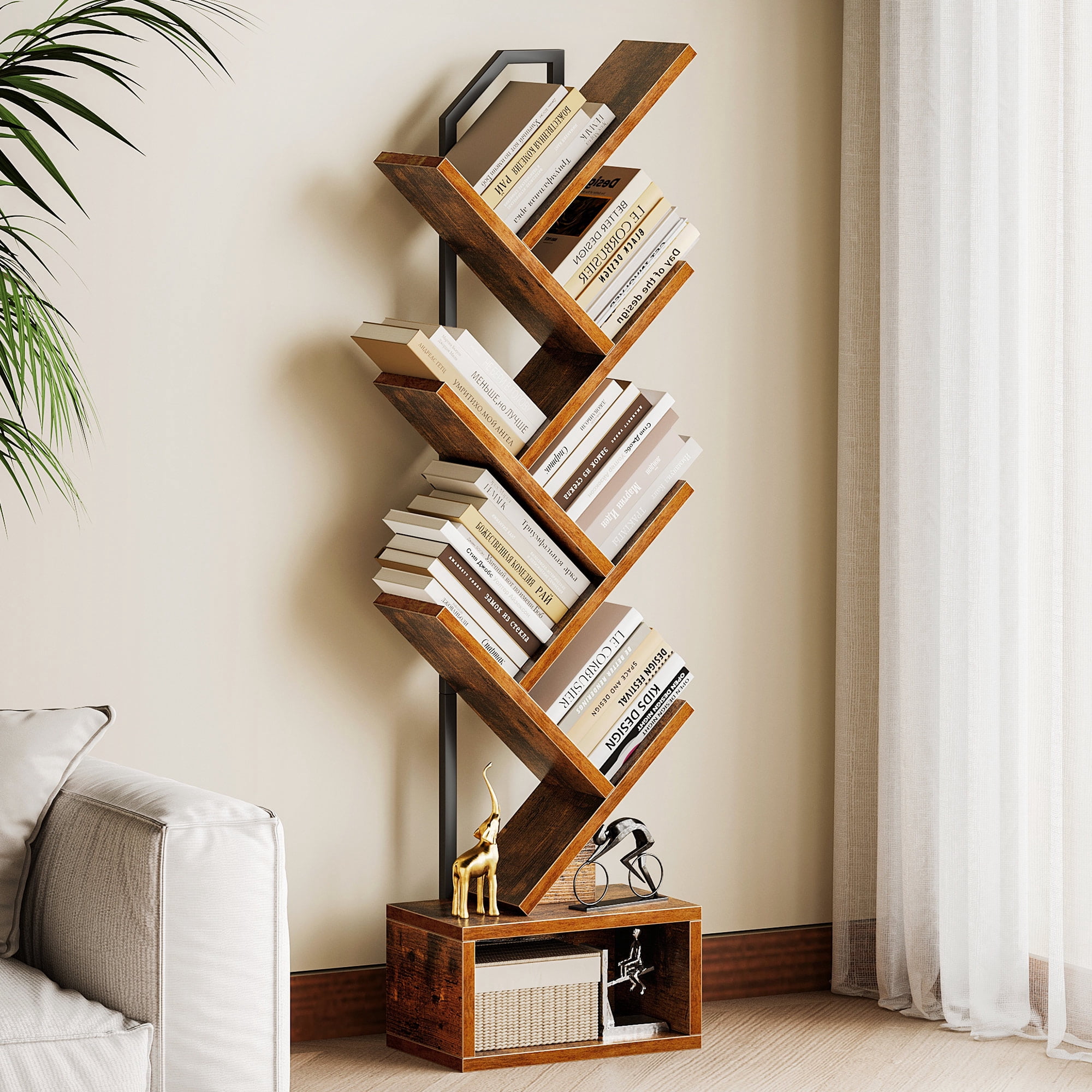 Casacomoda 6-Tier Tree Bookshelf for Corner & Small Space — Narrow Steel & Wood Bookcase, Tall Floor Standing Book Organizer Shelf with Storage Cabinet, Home Decor for Living Room, Bedroom, Vintage