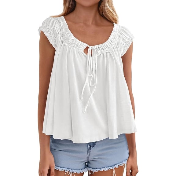 PRETTYGARDEN Womens Tie Front Tank Tops Summer Fashion Cap Sleeve Babydoll Blouses Flowy Shirts Spring Going Out Outfits