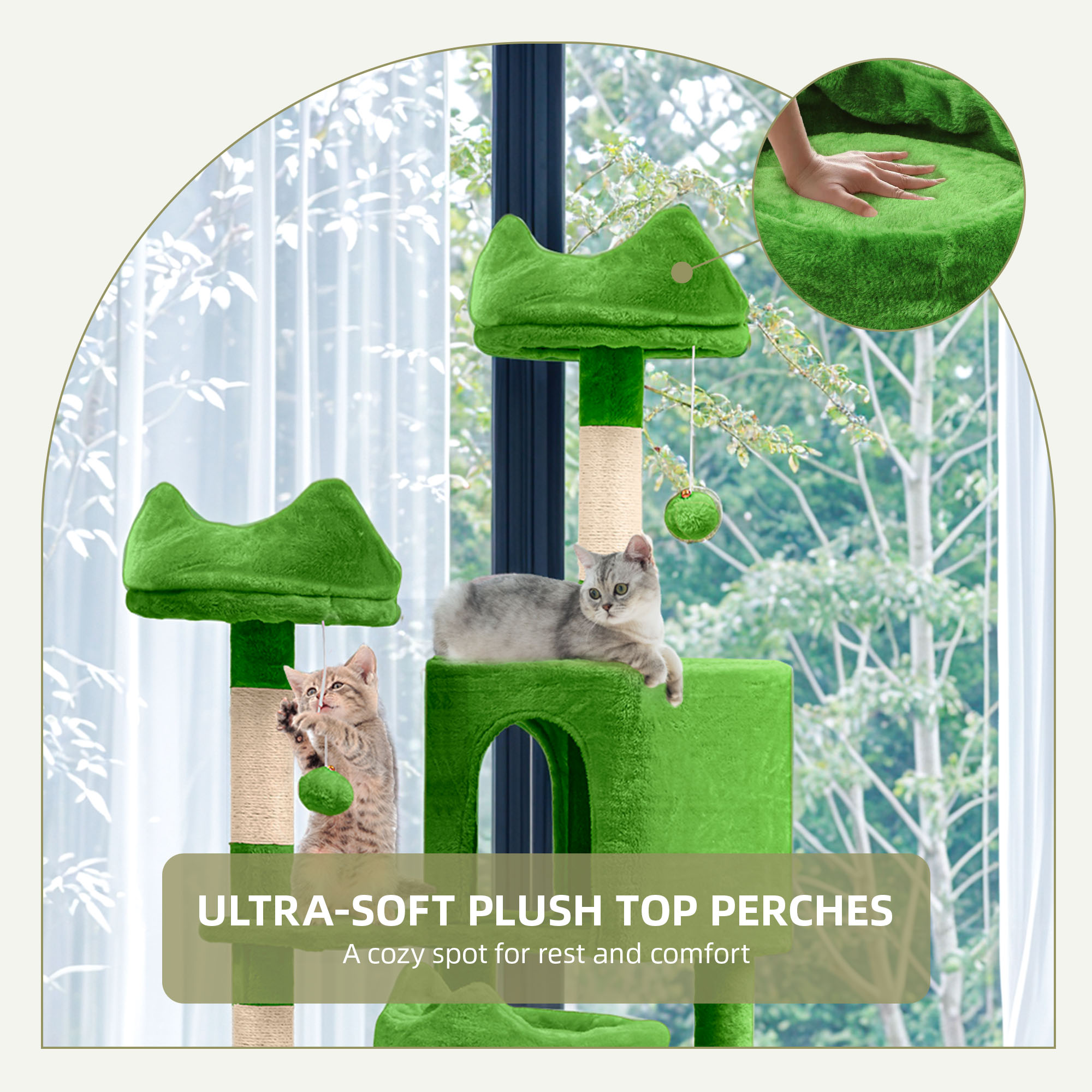 Uforic 75in Large Cat Tree Tower, Multi-Level Cat Condo with Scratch Posts, Cozy Basket Hammocks, Top Perches, Sisal Ramp, Green