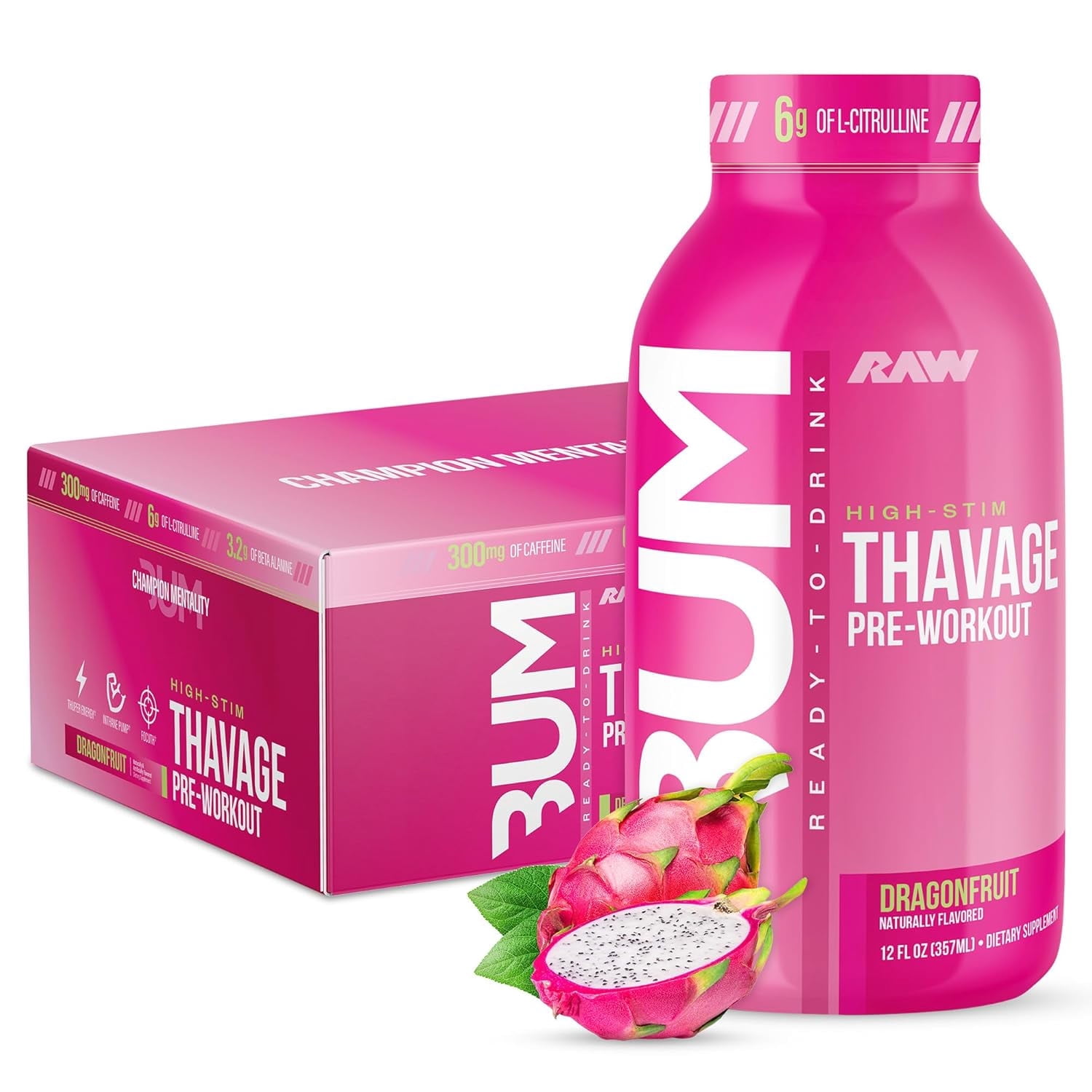 RAW Nutrition BUM Thavage Ready-to-Drink Pre-Workout, Dragonfruit, Zero Sugar