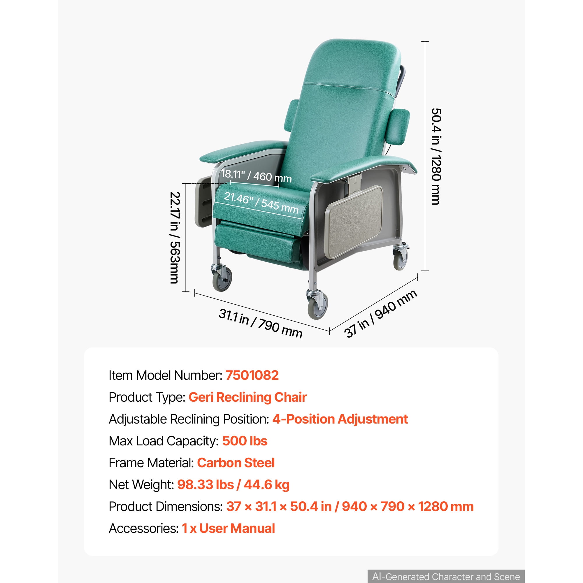 KFFKFF 4-Position Reclining Medical Chair, 500 lbs Capacity, Adjustable Geri Chair with Wheels, Padded Seat, and Trays for Healthcare Facilities and Home Care