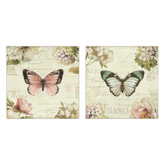 Beautiful Paris France Hydranges Floral and Butterfly Print Set by Lisa Audit; Two 12x12in Paper Posters