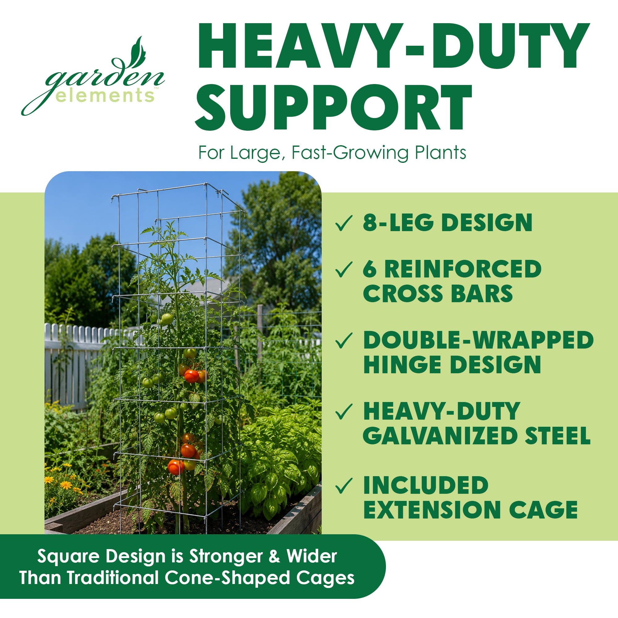 Garden Elements Square 8-Leg Heavy-Duty Collapsible Tomato Cages, 67in (Pack of 2)