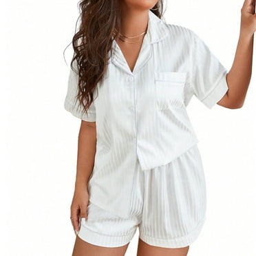 Womens Pajama Sets Short Sleeve Pajamas for Women Sets Soft Lounge Sets Casual V Neck Sleepwear PJS,White,3XL