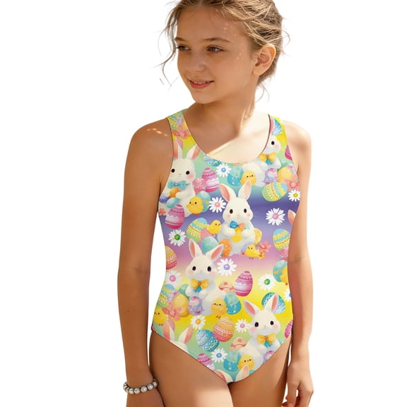 JAJAHO Girls Athletic Swimsuit Easter Bunny Printed Cross-Back One Piece Bathing Suit For Kids Water Play Casual Swimwear
