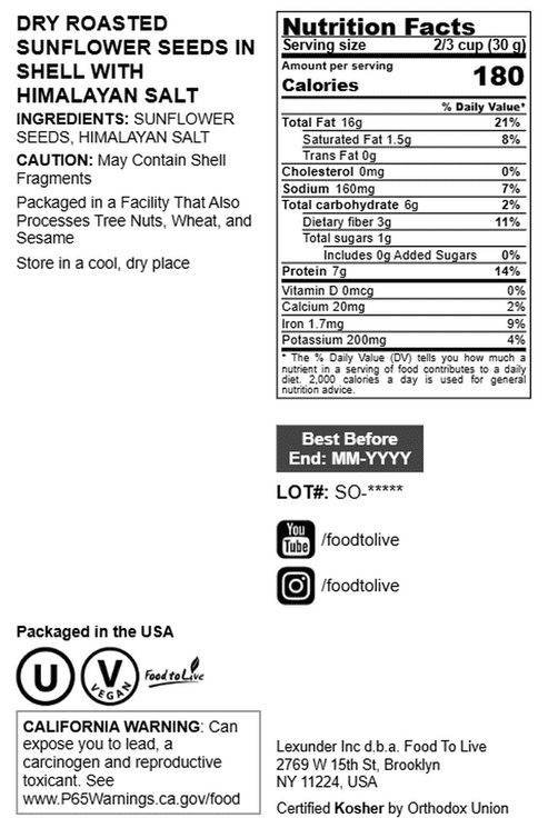 Dry Roasted Sunflower Seeds in Shell with Himalayan Salt, 2 Pounds – Kosher, Vegan, Bulk – by Food to Live
