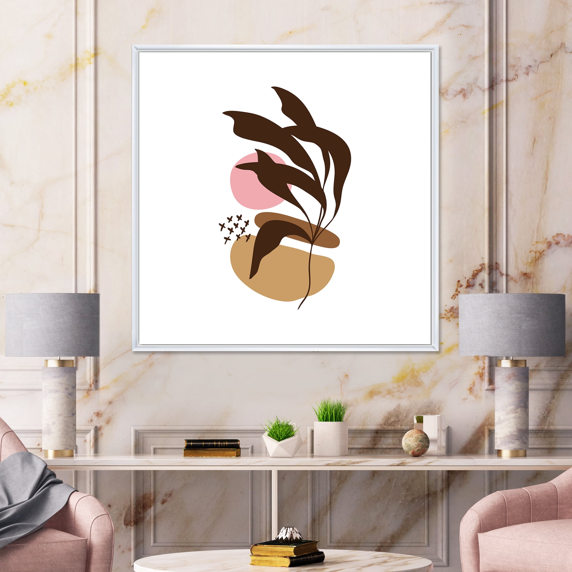 Designart 'Abstract Plants With Elementary Shapes' Modern Framed Canvas Wall Art Print