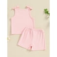 thumbnail image 5 of Niusricy Kids Toddler Girl Summer Outfit 1T 2T 3T 4T 5T Sleeveless Vest Letter Print Bow Round Neck Tank Tops with Elastic Waist Solid Color Shorts Liashion Casual Daily Clothes for Vacation, 5 of 7