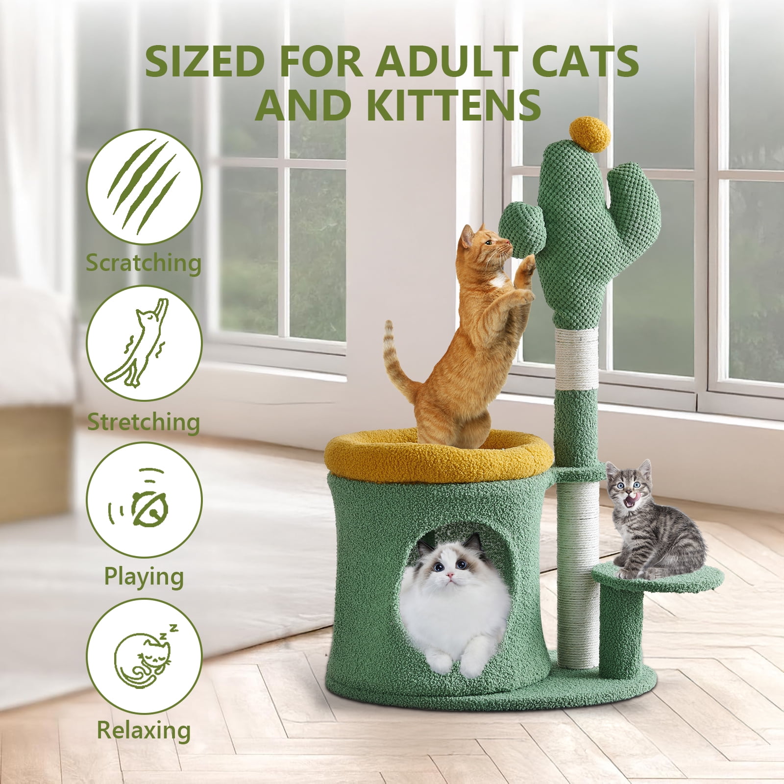 ABSOKE 32" Cat Tree,Cat Tower with Cactus Cat Scratching Post,Cozy Cat House for Indoor Cats,Green