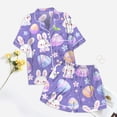thumbnail image 4 of Yuncity Womens Easter Pajamas Silk Satin 2 Piece Bunny Print Short Sleeve Button Shirt Tops Pants Pjs Loungewear Sleepwear Blue M, 4 of 5