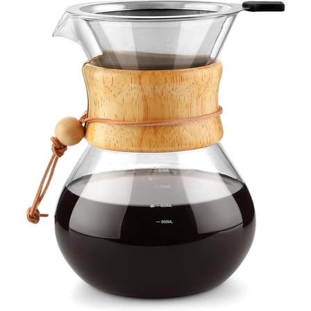 Pour Over Coffee Maker with Double Layer Stainless Steel Filter, 28oz / 800ml Coffee Dripper Brewer, Borosilicate Glass Coffee Carafe,Wooden Collar
