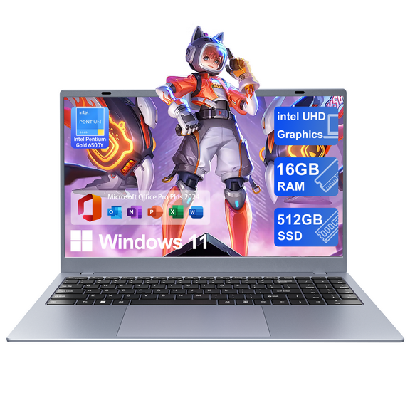 RNRUO 15.6" Windows 11 Laptop, 16GB RAM 512GB SSD, Intel Pentium Gold 6500Y with 2 Cores Up to 3.4GHz, Full HD Display, Office 2024, WiFi5 BT5.0, Laptop Computer, Silver Gray