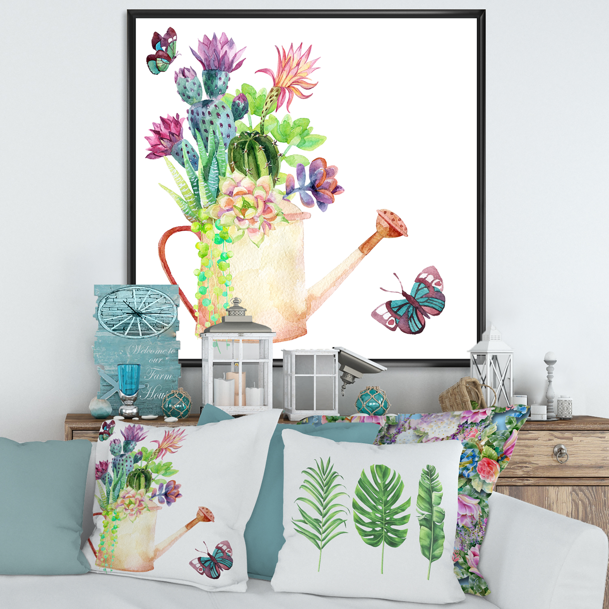 Designart 'Succulents In Old Watering Can With Butterfly' Farmhouse Framed Canvas Wall Art Print