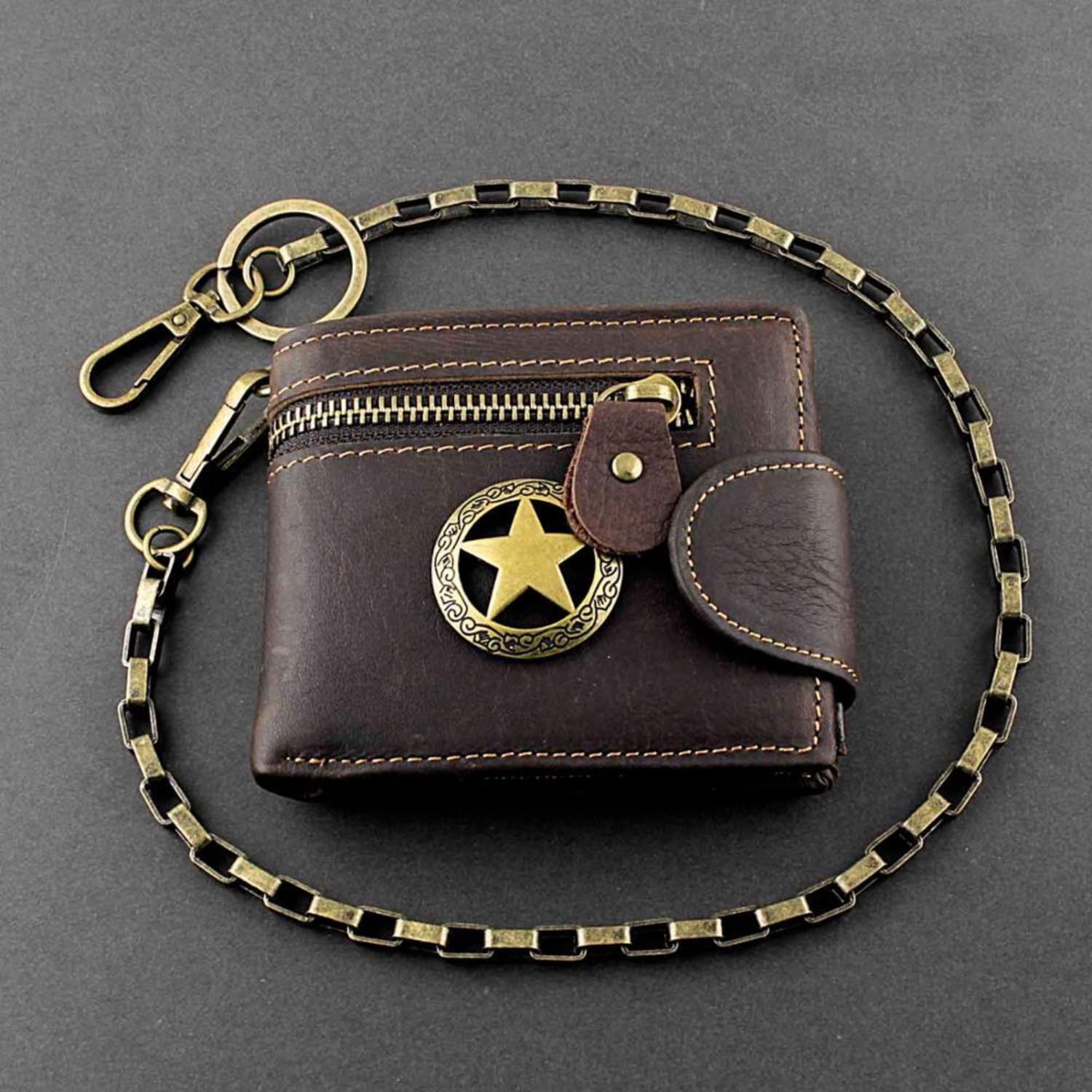 Star Genuine Leather Zipper Card Money Men s Wallet With chain