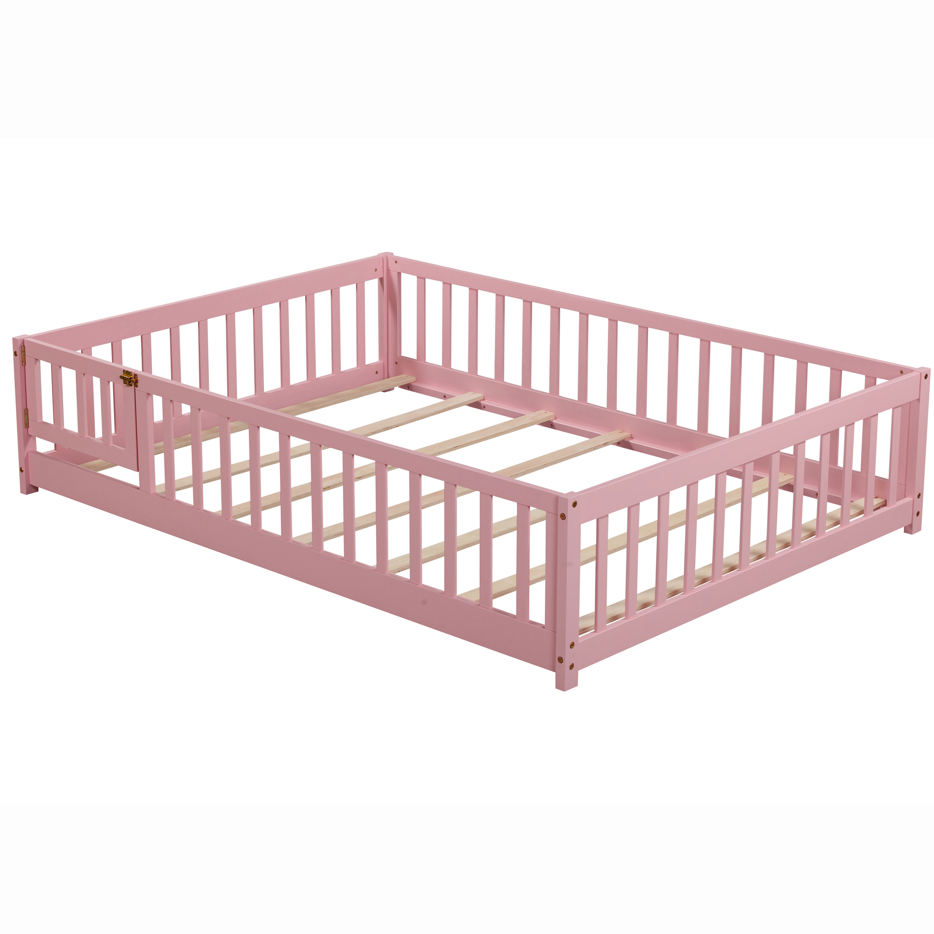 Miniyam Full Size Floor Bed with Guardrails and Door for Kids, Pink