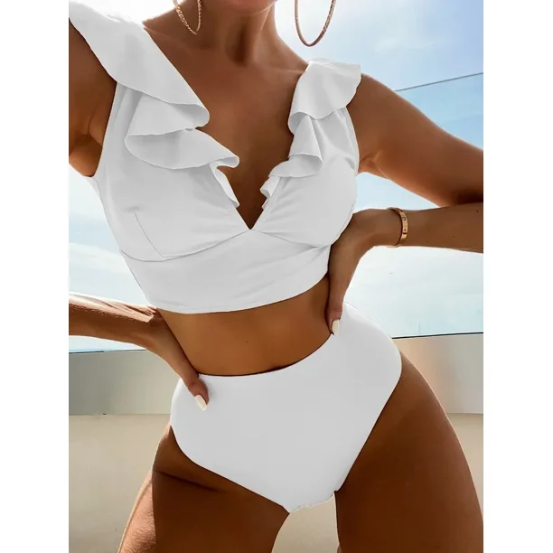Bikini con volantes para mujer, traje de baño de dos piezas con cuello en V, acolchado de realce, cintura alta, corte Sexy, para playa, 2024