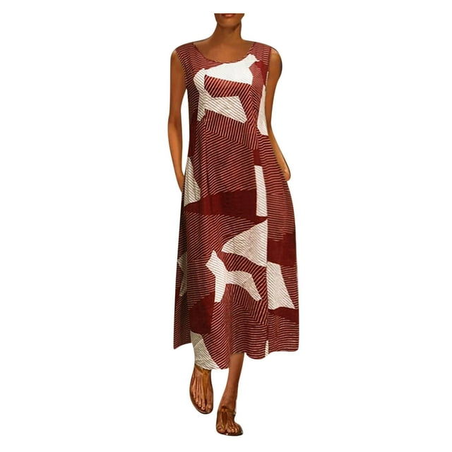 Bigersell Robes pour Femmes Grande Taille Imprimé Quotidien Décontracté Sans Manches Vintage Bohème Col Rond Robe de Bal Style 3720, Robe Mi-Longue Rouge 3TG